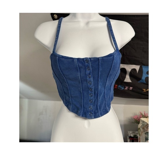 Urban Outfitters Tops - Urban Outfitters Womens Blue Ribbed Corset Crop Top Snap Button Cami Small